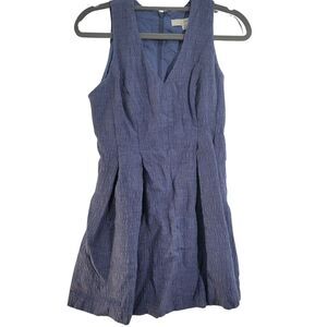 Ann Taylor Loft Blue Cotton Blend Dress Pleated V-Neck Sleeveless Knit Size 00P